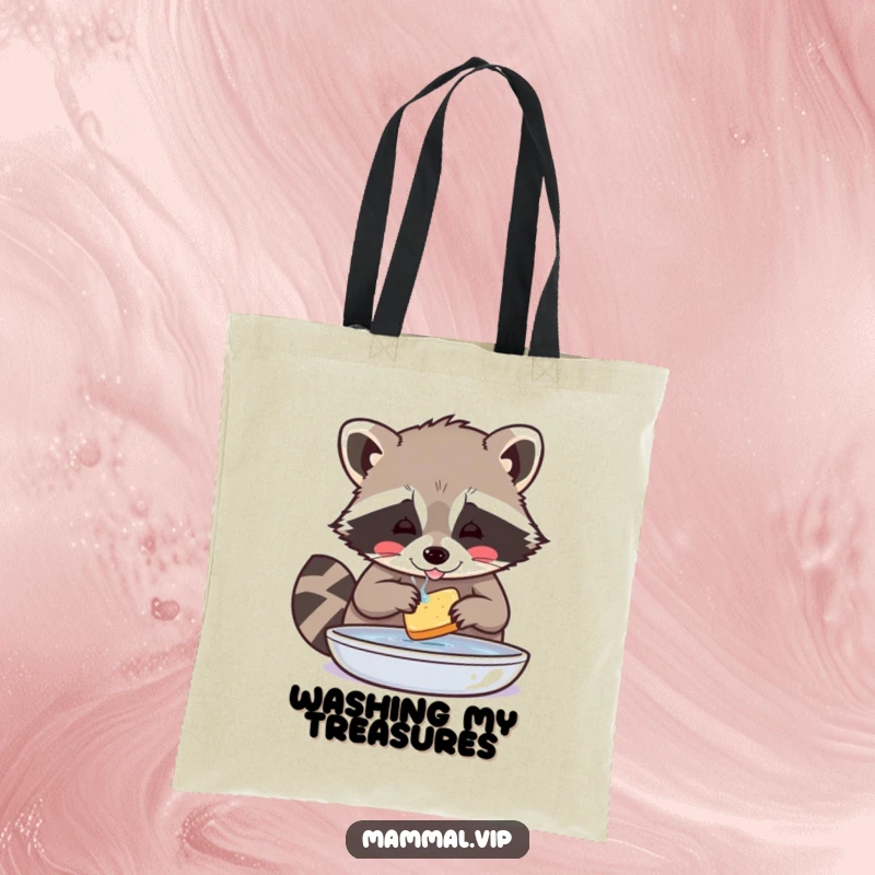 Funny Raccoon Tote Bag: A playful raccoon character meticulously washes a piece of food, a humorous and practical accessory.